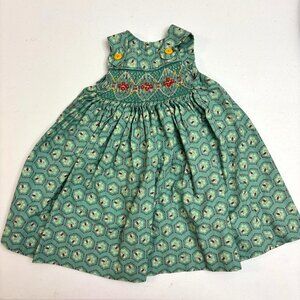 Vintage Handmade Smocked Baby Dress | Green Floral Print with Embroidered Detail